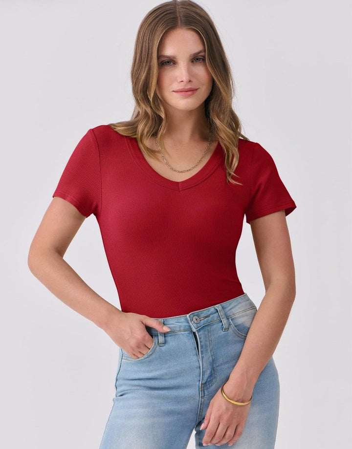 ANRABESS Women Short Sleeve V Neck Ribbed Knit Fitted Shirts Basic Tees Tops 2025 Summer Casual T-Shirts Going Out Outfits