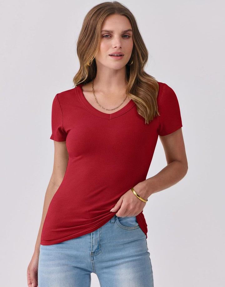 ANRABESS Women Short Sleeve V Neck Ribbed Knit Fitted Shirts Basic Tees Tops 2025 Summer Casual T-Shirts Going Out Outfits