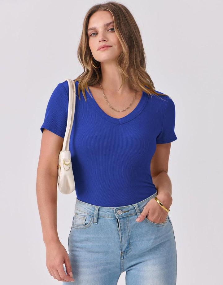 ANRABESS Women Short Sleeve V Neck Ribbed Knit Fitted Shirts Basic Tees Tops 2025 Summer Casual T-Shirts Going Out Outfits