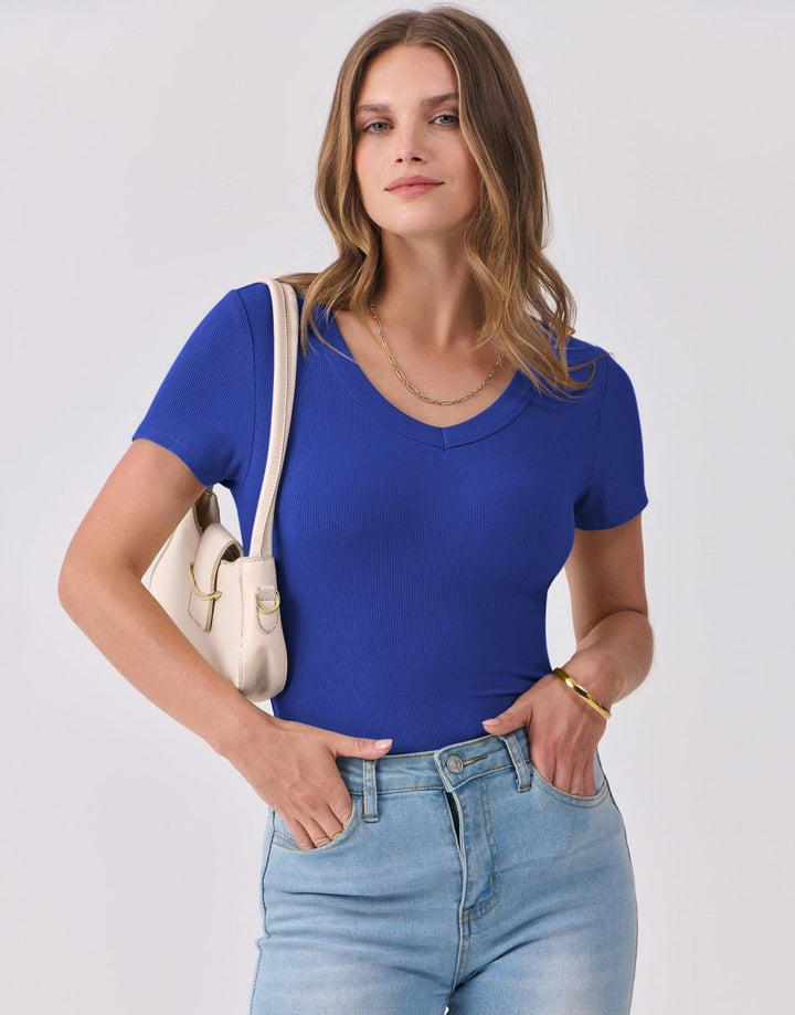 ANRABESS Women Short Sleeve V Neck Ribbed Knit Fitted Shirts Basic Tees Tops 2025 Summer Casual T-Shirts Going Out Outfits