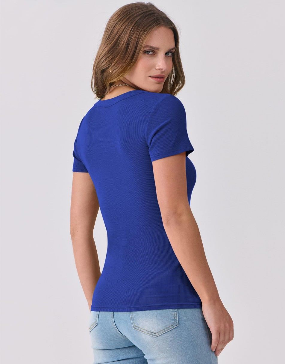 ANRABESS Women Short Sleeve V Neck Ribbed Knit Fitted Shirts Basic Tees Tops 2025 Summer Casual T-Shirts Going Out Outfits