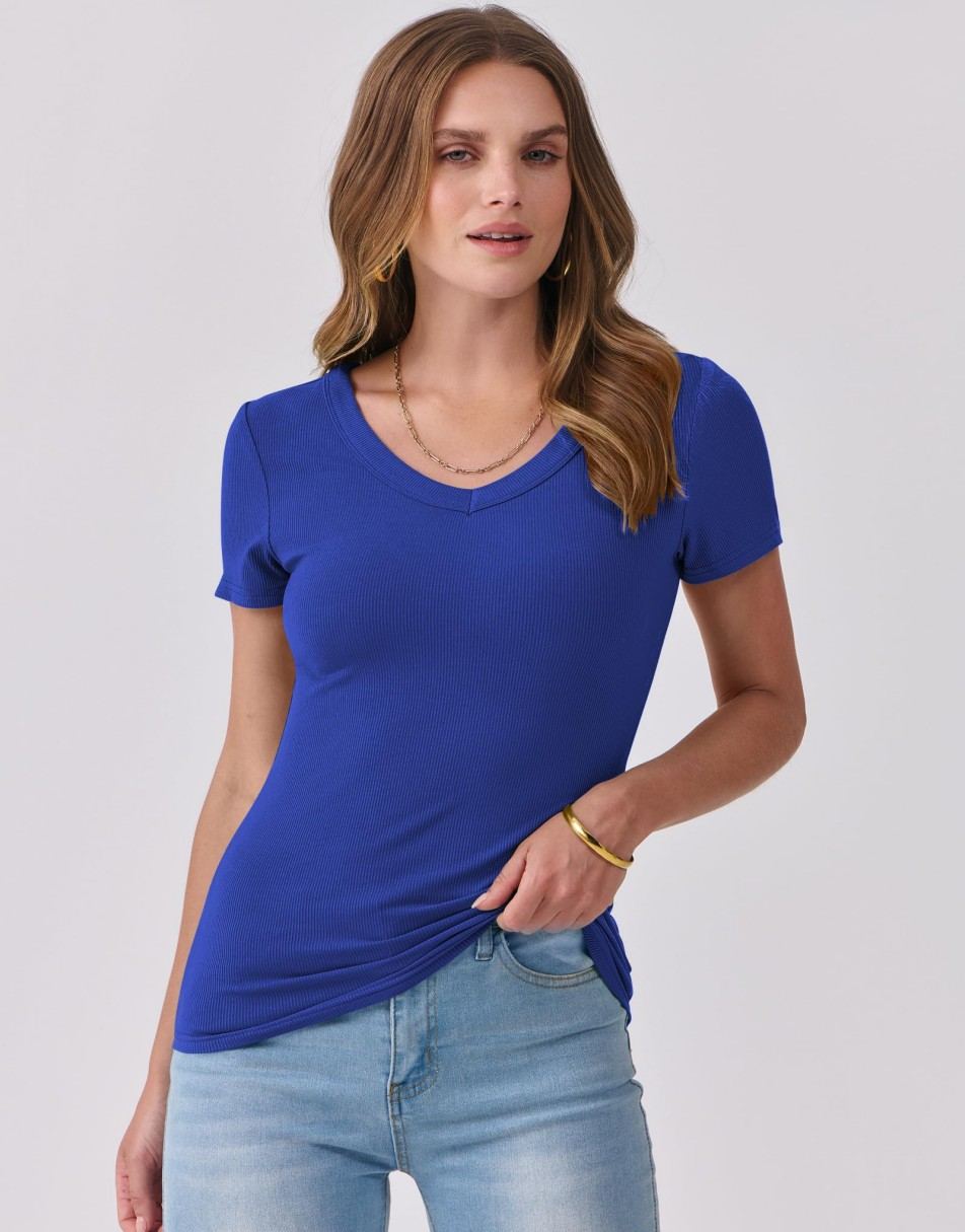 ANRABESS Women Short Sleeve V Neck Ribbed Knit Fitted Shirts Basic Tees Tops 2025 Summer Casual T-Shirts Going Out Outfits