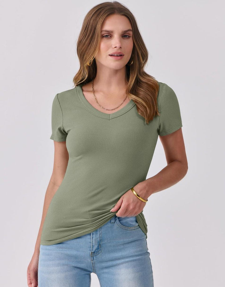 ANRABESS Women Short Sleeve V Neck Ribbed Knit Fitted Shirts Basic Tees Tops 2025 Summer Casual T-Shirts Going Out Outfits