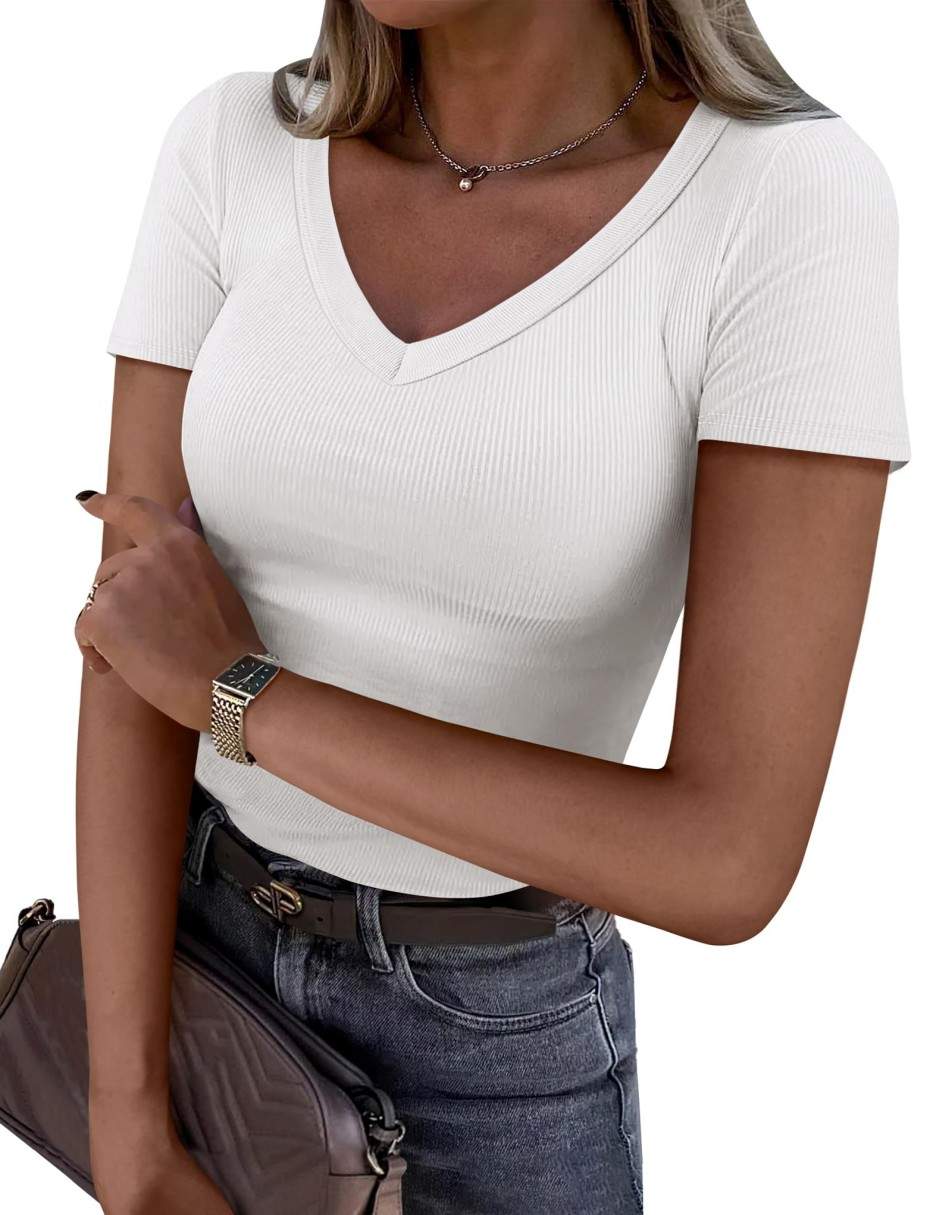 ANRABESS Women Short Sleeve V Neck Ribbed Knit Fitted Shirts Basic Tees Tops 2025 Summer Casual T-Shirts Going Out Outfits