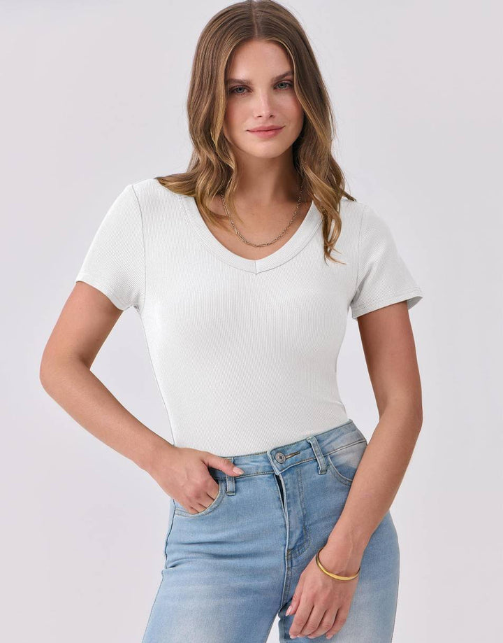 ANRABESS Women Short Sleeve V Neck Ribbed Knit Fitted Shirts Basic Tees Tops 2025 Summer Casual T-Shirts Going Out Outfits
