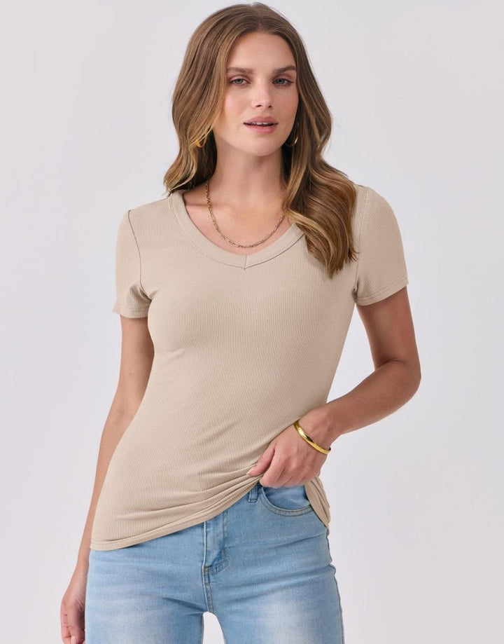 ANRABESS Women Short Sleeve V Neck Ribbed Knit Fitted Shirts Basic Tees Tops 2025 Summer Casual T-Shirts Going Out Outfits