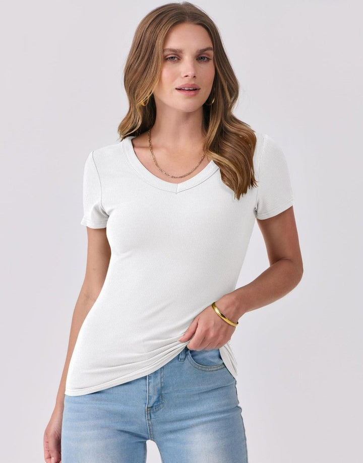 ANRABESS Women Short Sleeve V Neck Ribbed Knit Fitted Shirts Basic Tees Tops 2025 Summer Casual T-Shirts Going Out Outfits