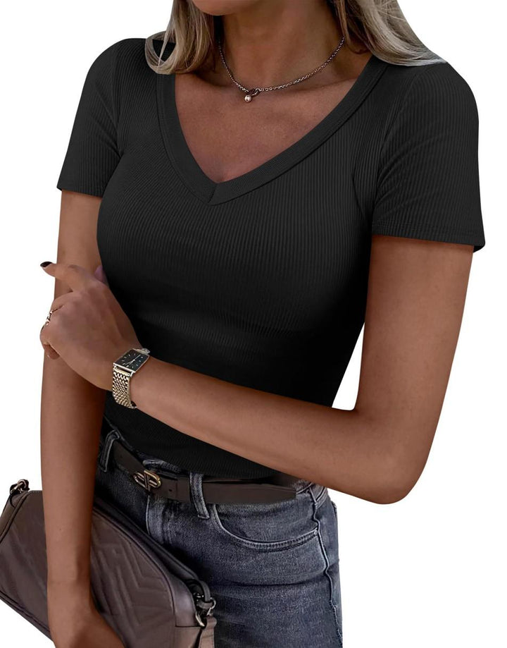ANRABESS Women Short Sleeve V Neck Ribbed Knit Fitted Shirts Basic Tees Tops 2025 Summer Casual T-Shirts Going Out Outfits