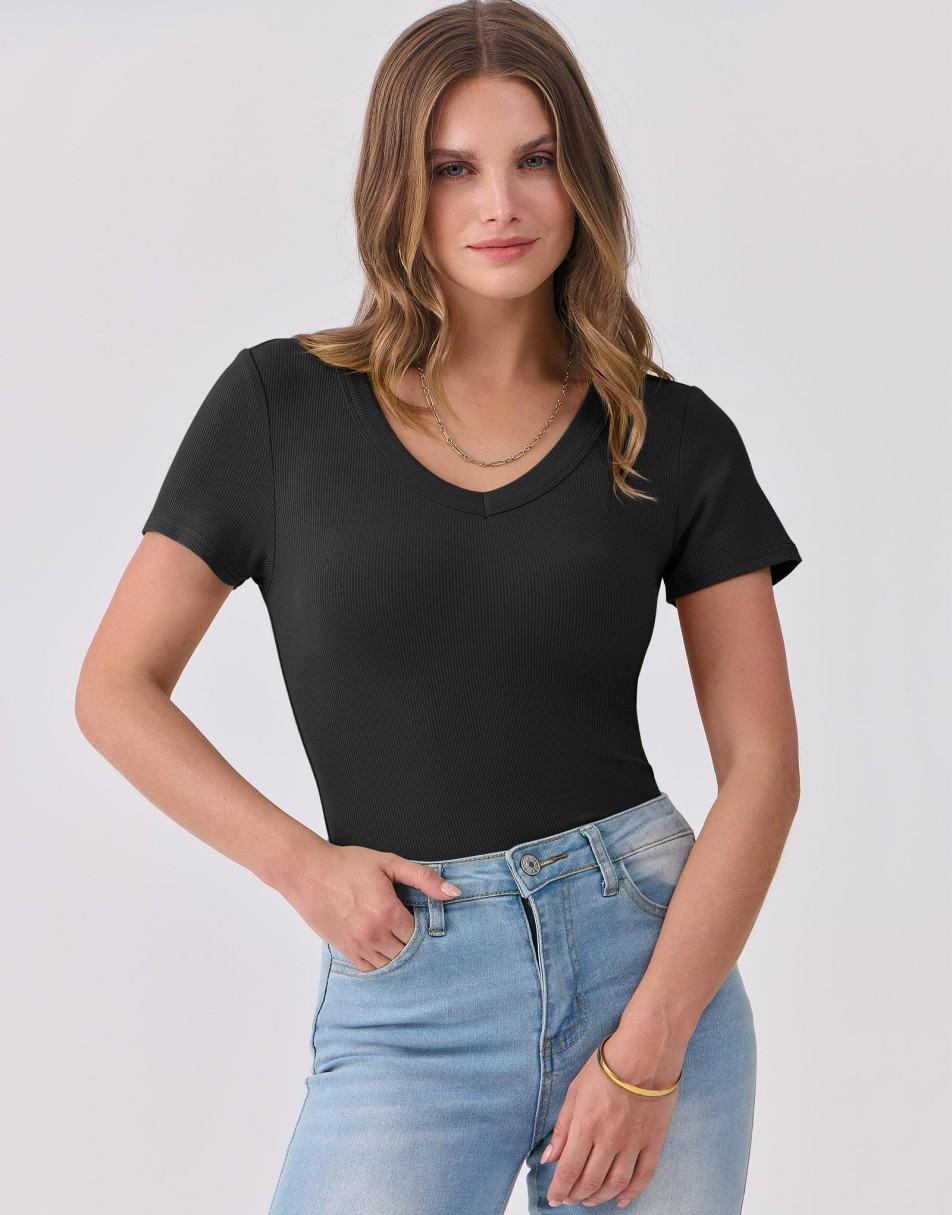 ANRABESS Women Short Sleeve V Neck Ribbed Knit Fitted Shirts Basic Tees Tops 2025 Summer Casual T-Shirts Going Out Outfits