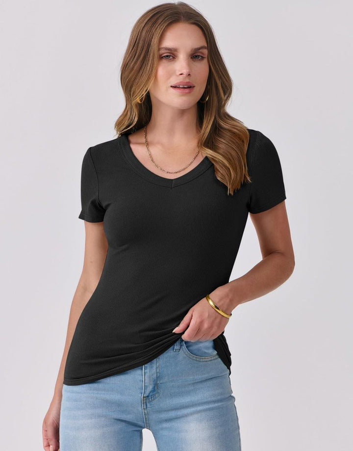 ANRABESS Women Short Sleeve V Neck Ribbed Knit Fitted Shirts Basic Tees Tops 2025 Summer Casual T-Shirts Going Out Outfits
