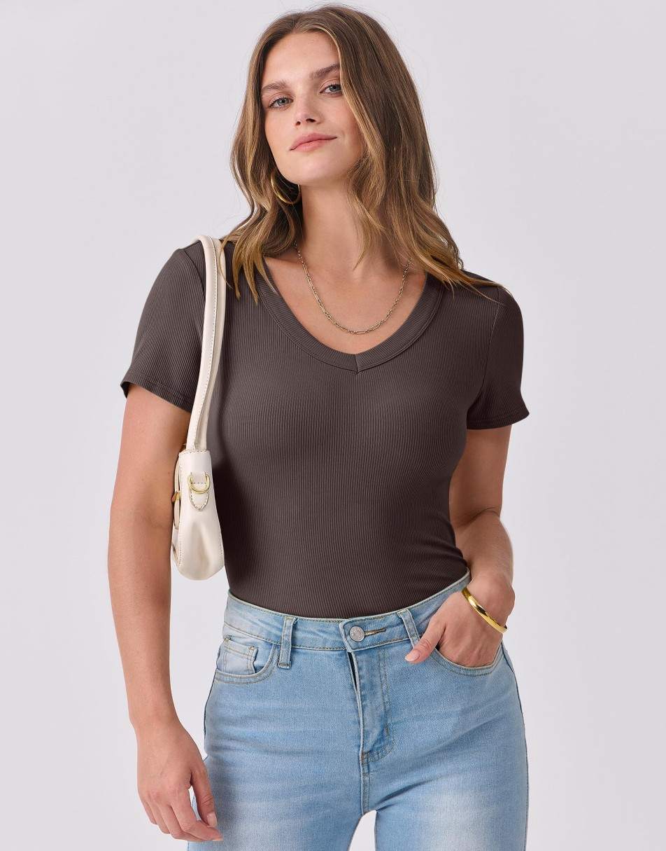 ANRABESS Women Short Sleeve V Neck Ribbed Knit Fitted Shirts Basic Tees Tops 2025 Summer Casual T-Shirts Going Out Outfits