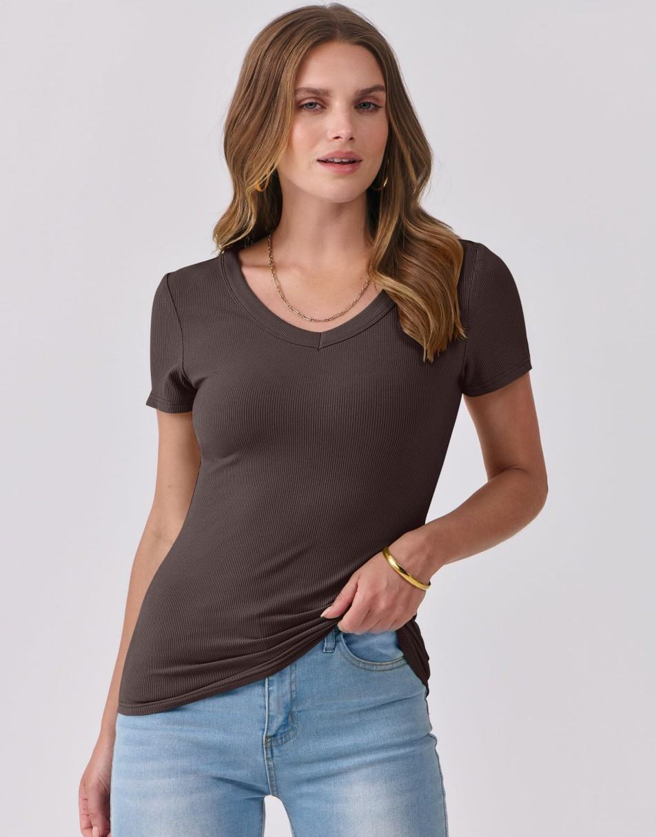 ANRABESS Women Short Sleeve V Neck Ribbed Knit Fitted Shirts Basic Tees Tops 2025 Summer Casual T-Shirts Going Out Outfits