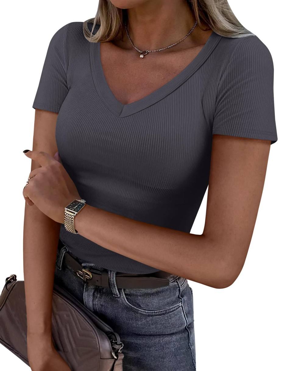 ANRABESS Women Short Sleeve V Neck Ribbed Knit Fitted Shirts Basic Tees Tops 2025 Summer Casual T-Shirts Going Out Outfits