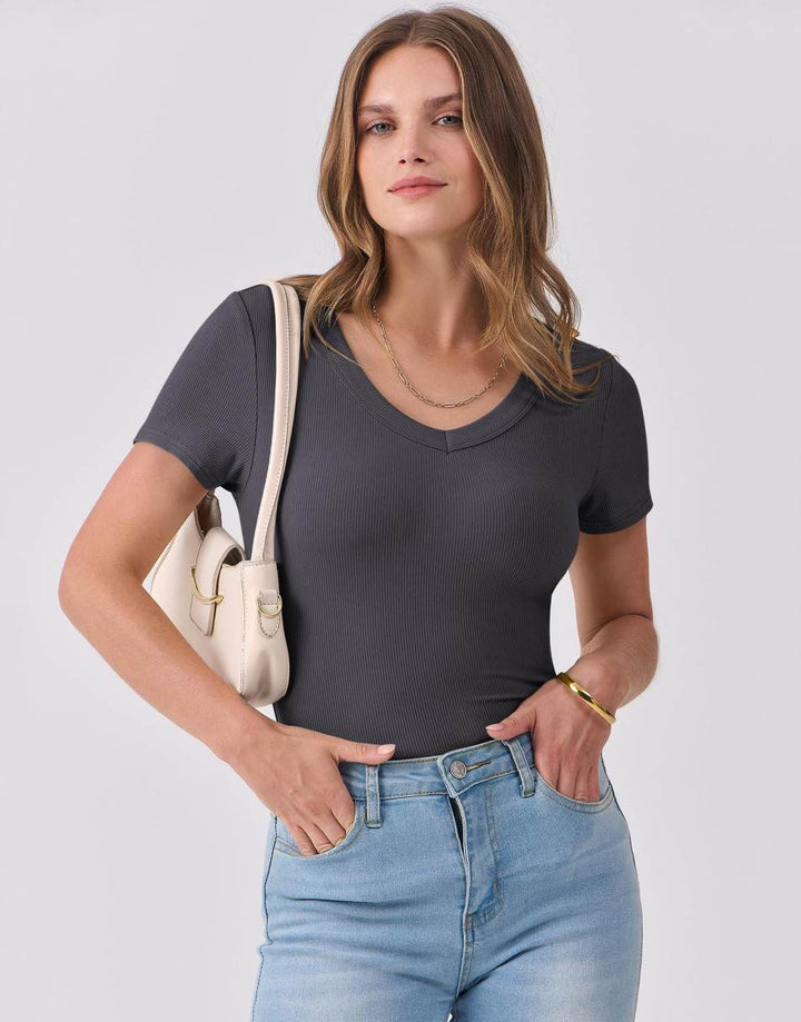 ANRABESS Women Short Sleeve V Neck Ribbed Knit Fitted Shirts Basic Tees Tops 2025 Summer Casual T-Shirts Going Out Outfits