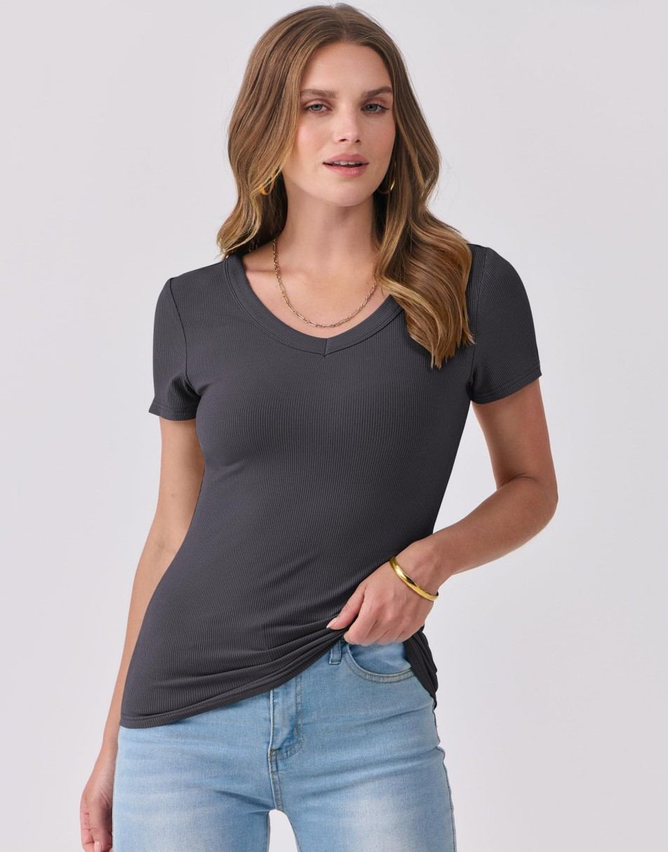 ANRABESS Women Short Sleeve V Neck Ribbed Knit Fitted Shirts Basic Tees Tops 2025 Summer Casual T-Shirts Going Out Outfits
