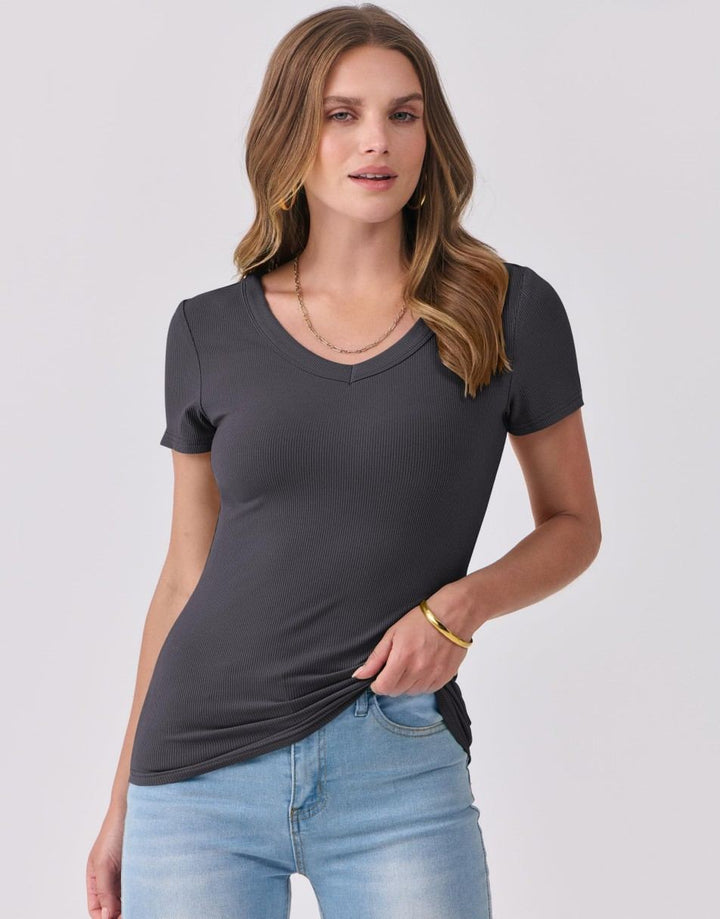ANRABESS Women Short Sleeve V Neck Ribbed Knit Fitted Shirts Basic Tees Tops 2025 Summer Casual T-Shirts Going Out Outfits