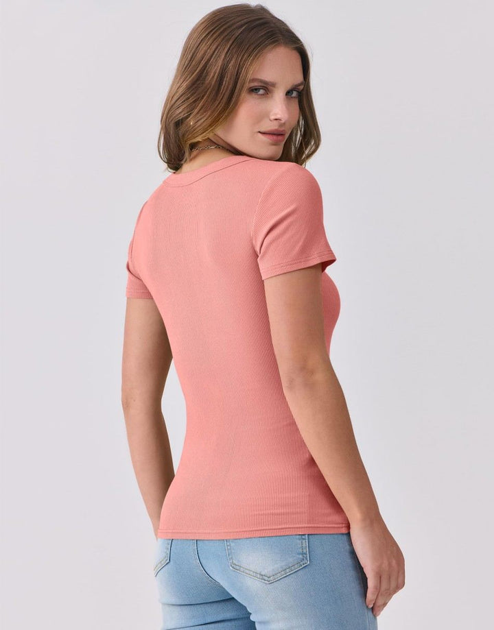 ANRABESS Women Short Sleeve V Neck Ribbed Knit Fitted Shirts Basic Tees Tops 2025 Summer Casual T-Shirts Going Out Outfits