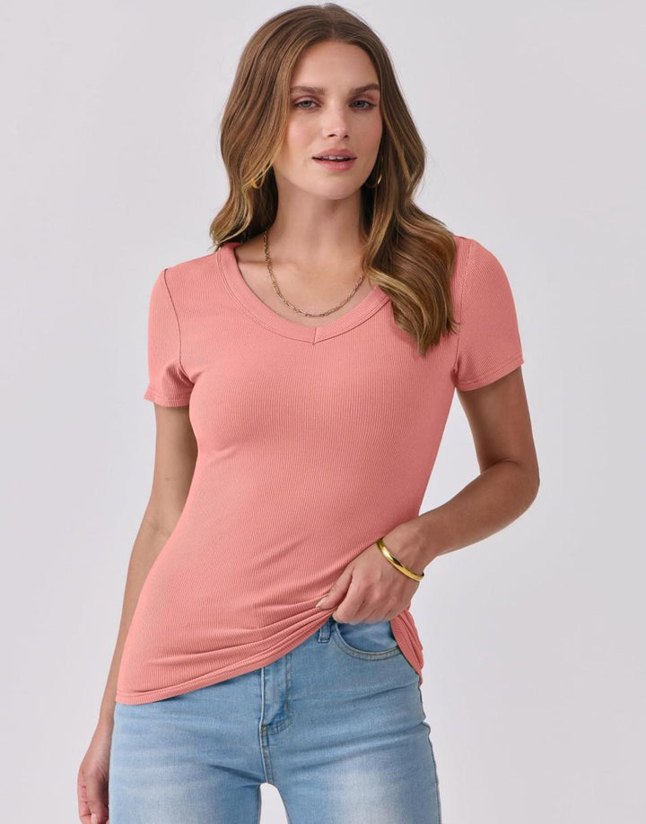 ANRABESS Women Short Sleeve V Neck Ribbed Knit Fitted Shirts Basic Tees Tops 2025 Summer Casual T-Shirts Going Out Outfits