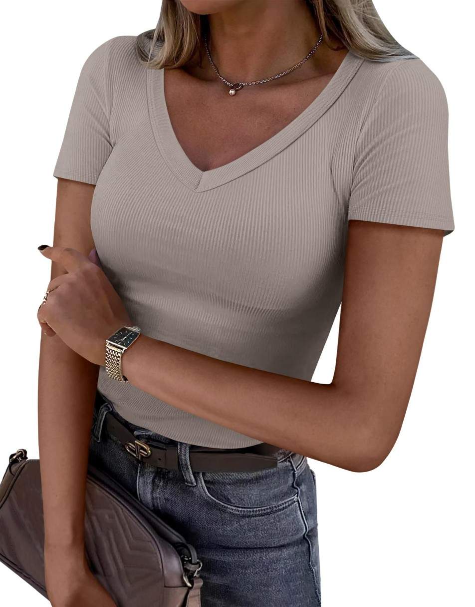 ANRABESS Women Short Sleeve V Neck Ribbed Knit Fitted Shirts Basic Tees Tops 2025 Summer Casual T-Shirts Going Out Outfits