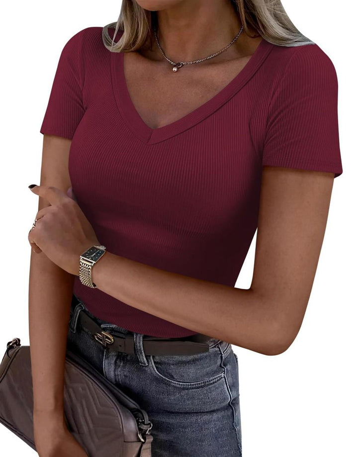 ANRABESS Women Short Sleeve V Neck Ribbed Knit Fitted Shirts Basic Tees Tops 2025 Summer Casual T-Shirts Going Out Outfits