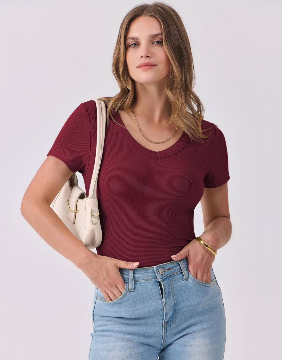 ANRABESS Women Short Sleeve V Neck Ribbed Knit Fitted Shirts Basic Tees Tops 2025 Summer Casual T-Shirts Going Out Outfits