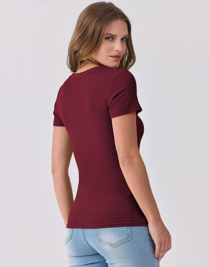 ANRABESS Women Short Sleeve V Neck Ribbed Knit Fitted Shirts Basic Tees Tops 2025 Summer Casual T-Shirts Going Out Outfits