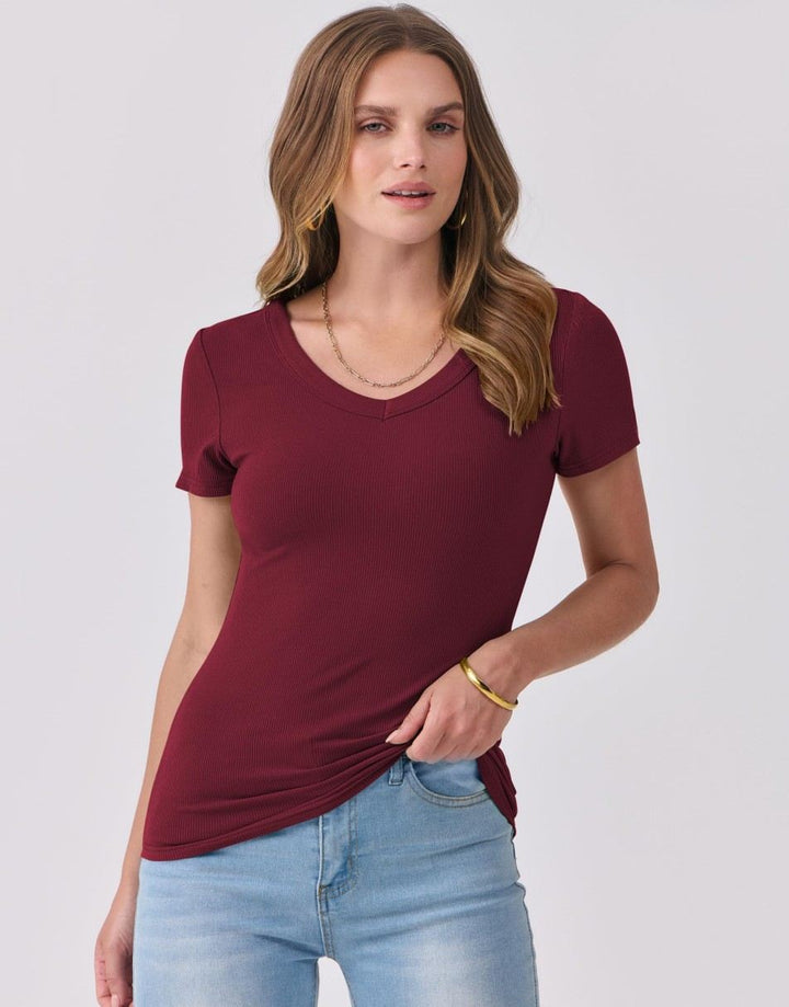 ANRABESS Women Short Sleeve V Neck Ribbed Knit Fitted Shirts Basic Tees Tops 2025 Summer Casual T-Shirts Going Out Outfits