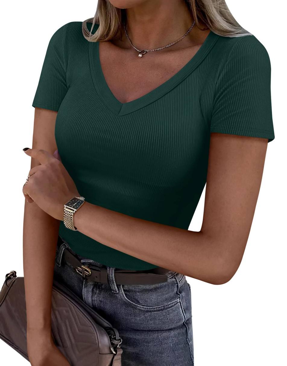 ANRABESS Women Short Sleeve V Neck Ribbed Knit Fitted Shirts Basic Tees Tops 2025 Summer Casual T-Shirts Going Out Outfits