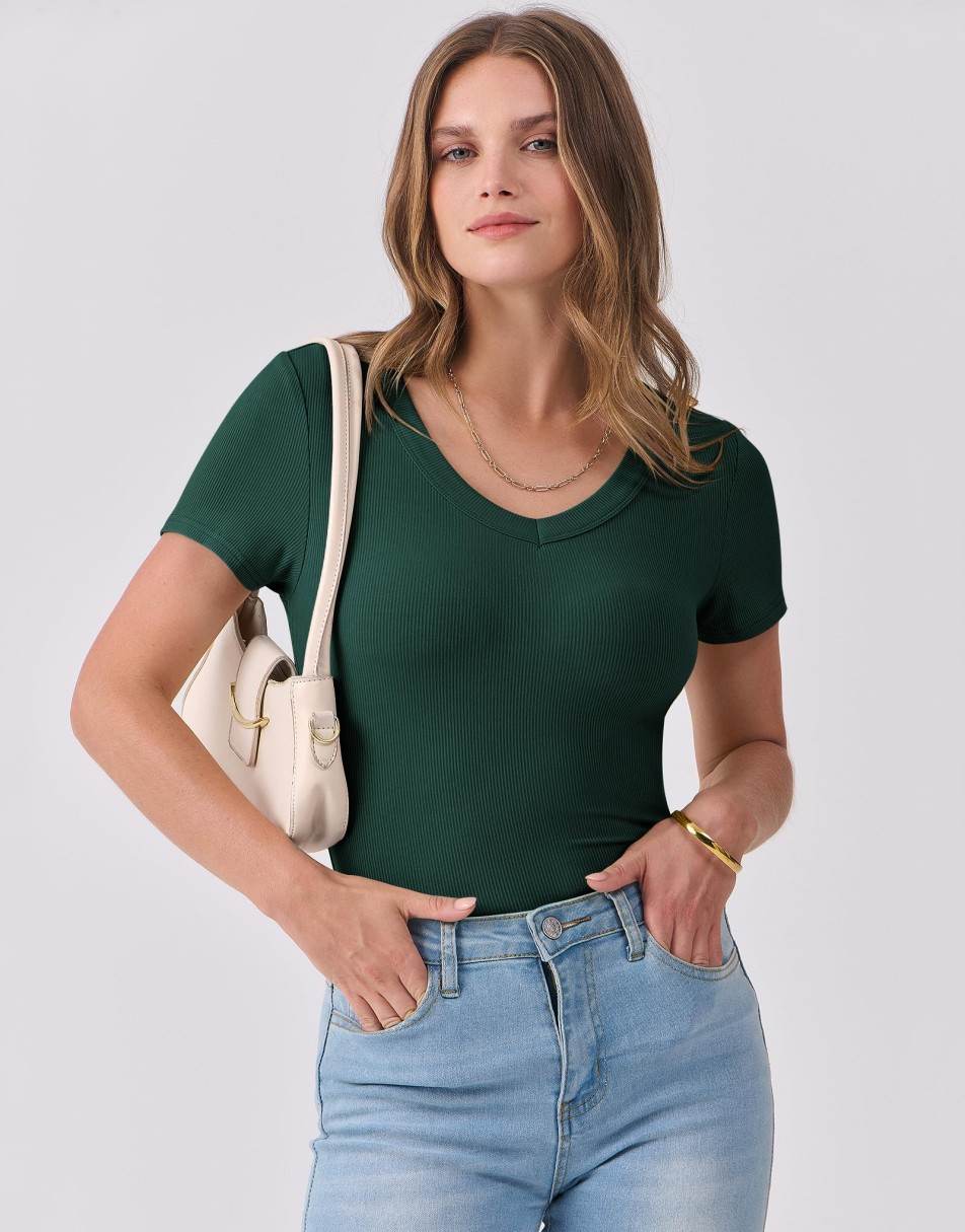 ANRABESS Women Short Sleeve V Neck Ribbed Knit Fitted Shirts Basic Tees Tops 2025 Summer Casual T-Shirts Going Out Outfits
