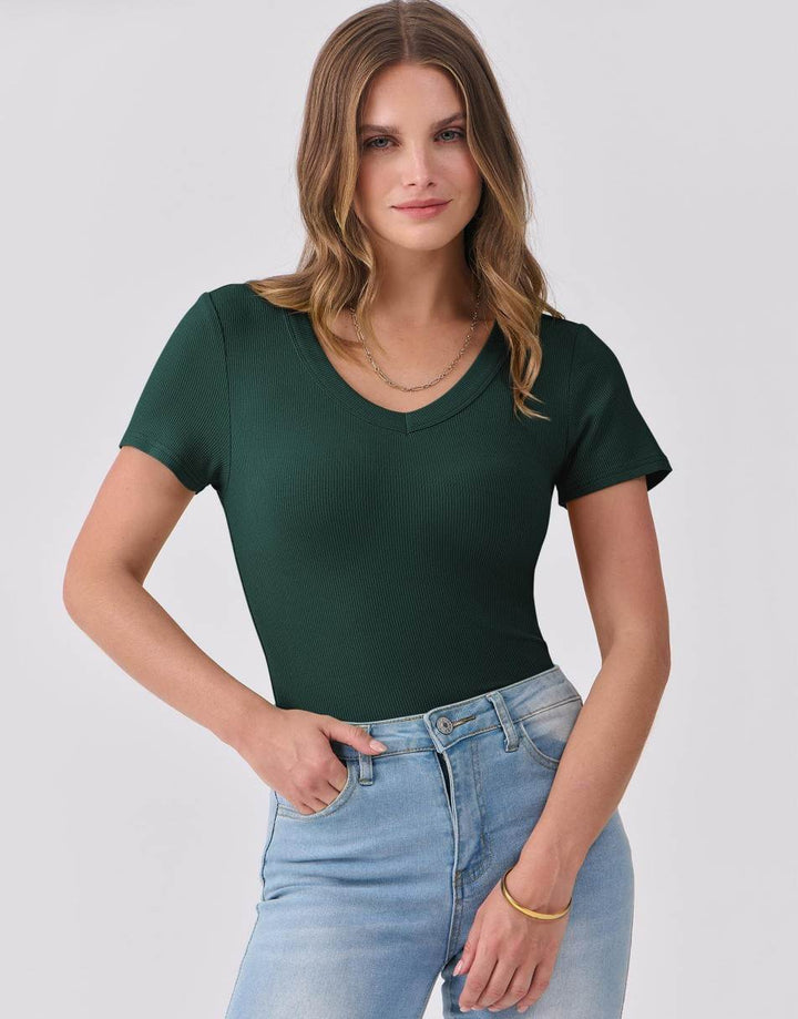 ANRABESS Women Short Sleeve V Neck Ribbed Knit Fitted Shirts Basic Tees Tops 2025 Summer Casual T-Shirts Going Out Outfits