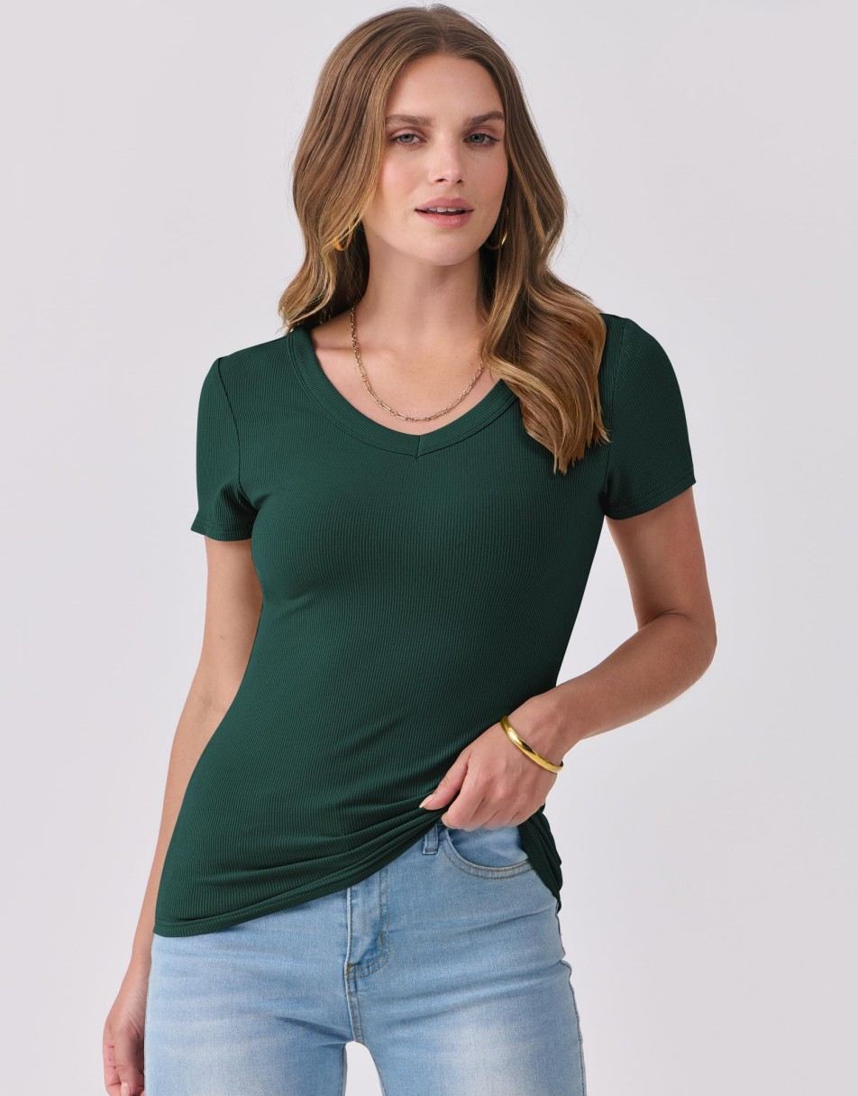 ANRABESS Women Short Sleeve V Neck Ribbed Knit Fitted Shirts Basic Tees Tops 2025 Summer Casual T-Shirts Going Out Outfits
