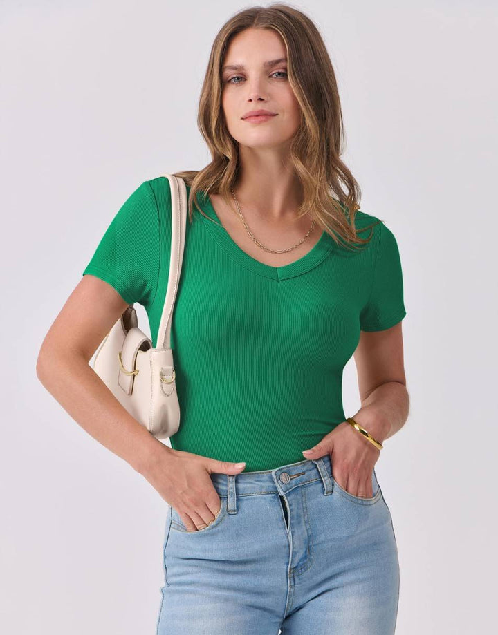 ANRABESS Women Short Sleeve V Neck Ribbed Knit Fitted Shirts Basic Tees Tops 2025 Summer Casual T-Shirts Going Out Outfits