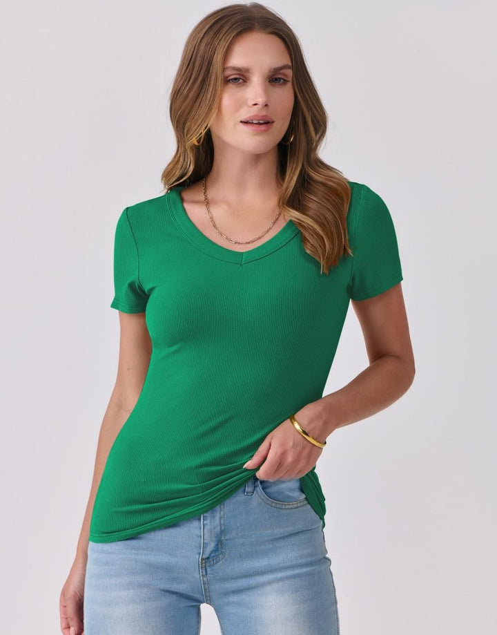 ANRABESS Women Short Sleeve V Neck Ribbed Knit Fitted Shirts Basic Tees Tops 2025 Summer Casual T-Shirts Going Out Outfits