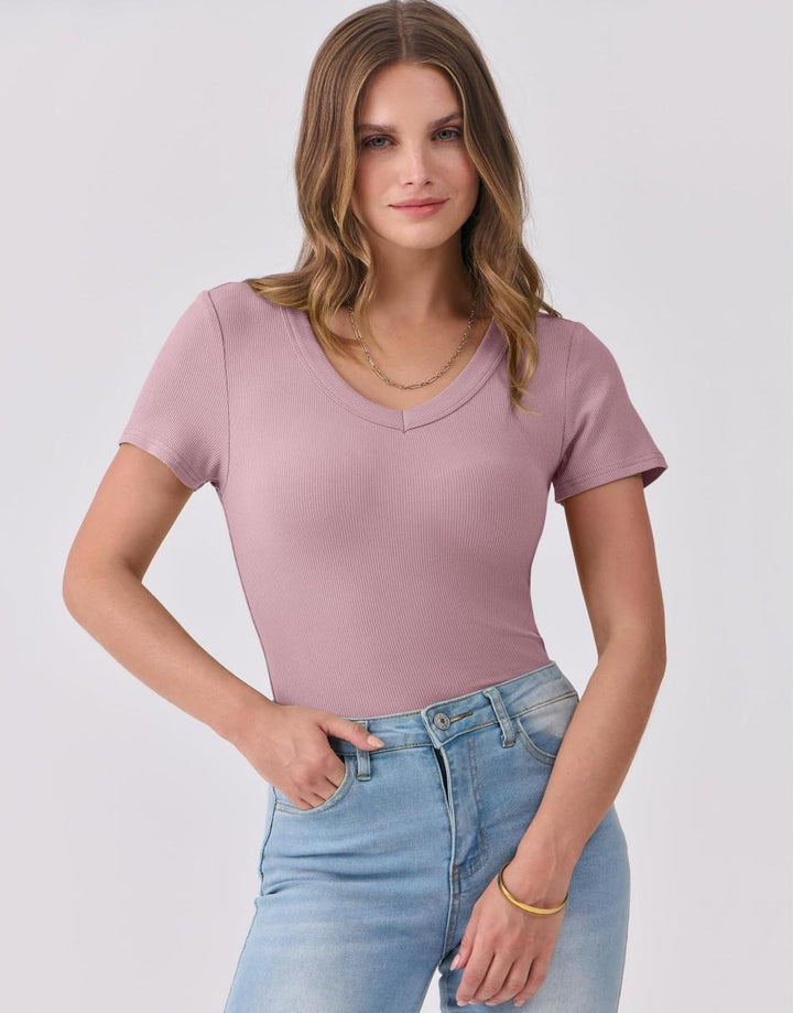 ANRABESS Women Short Sleeve V Neck Ribbed Knit Fitted Shirts Basic Tees Tops 2025 Summer Casual T-Shirts Going Out Outfits