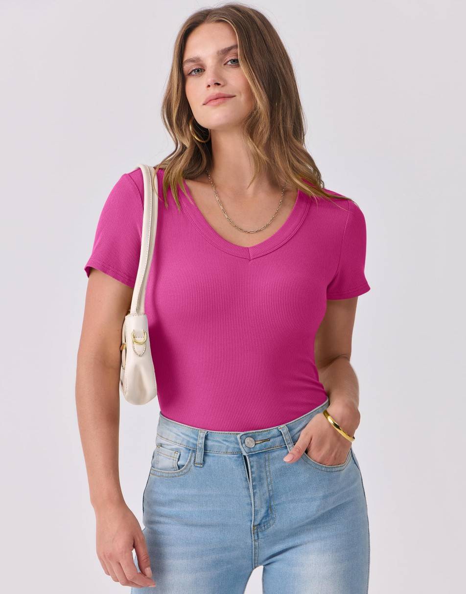 ANRABESS Women Short Sleeve V Neck Ribbed Knit Fitted Shirts Basic Tees Tops 2025 Summer Casual T-Shirts Going Out Outfits