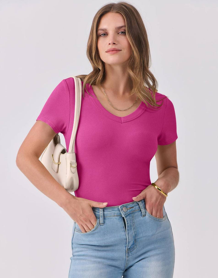 ANRABESS Women Short Sleeve V Neck Ribbed Knit Fitted Shirts Basic Tees Tops 2025 Summer Casual T-Shirts Going Out Outfits