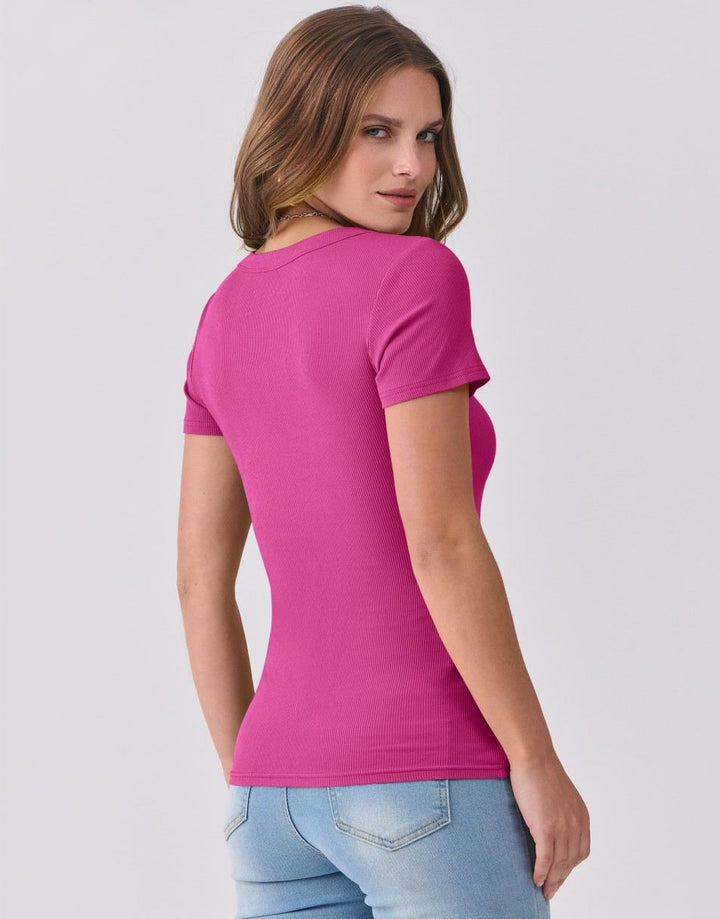 ANRABESS Women Short Sleeve V Neck Ribbed Knit Fitted Shirts Basic Tees Tops 2025 Summer Casual T-Shirts Going Out Outfits