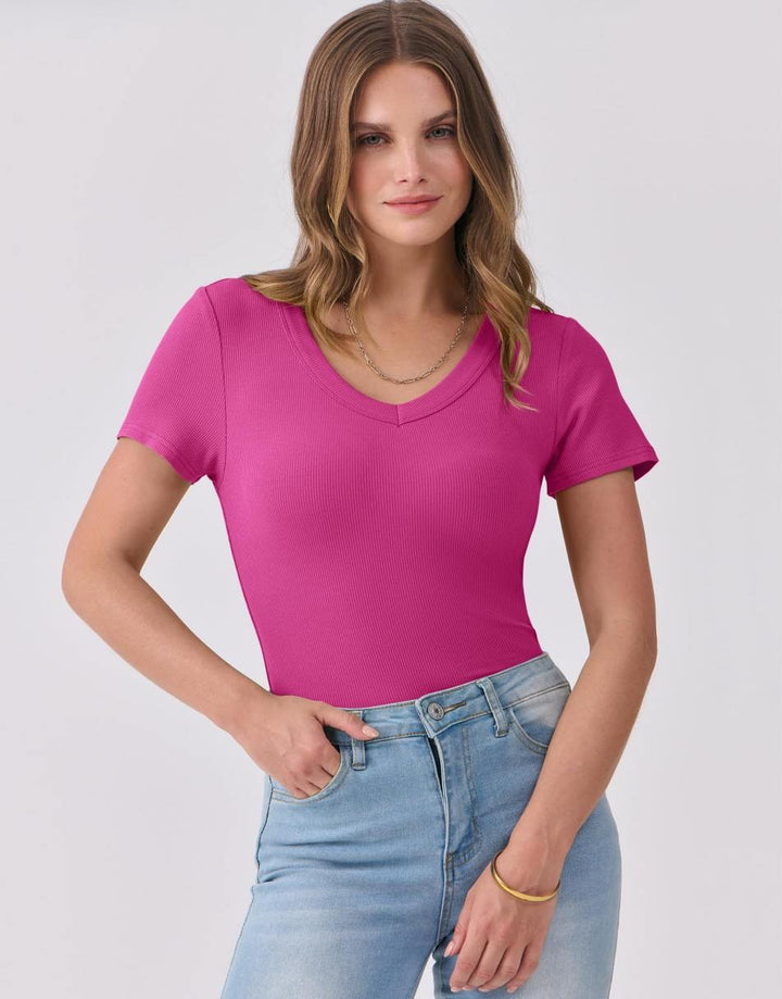 ANRABESS Women Short Sleeve V Neck Ribbed Knit Fitted Shirts Basic Tees Tops 2025 Summer Casual T-Shirts Going Out Outfits