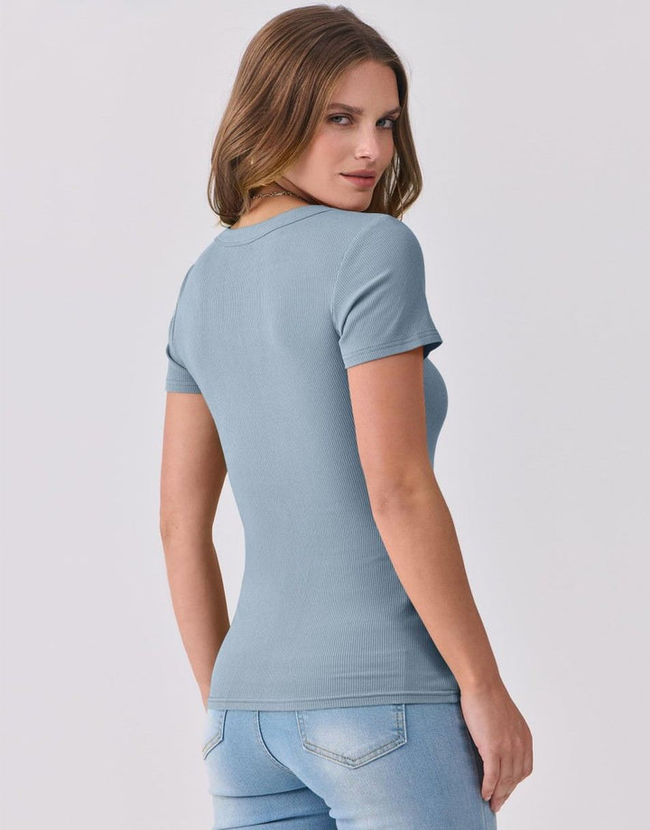 ANRABESS Women Short Sleeve V Neck Ribbed Knit Fitted Shirts Basic Tees Tops 2025 Summer Casual T-Shirts Going Out Outfits