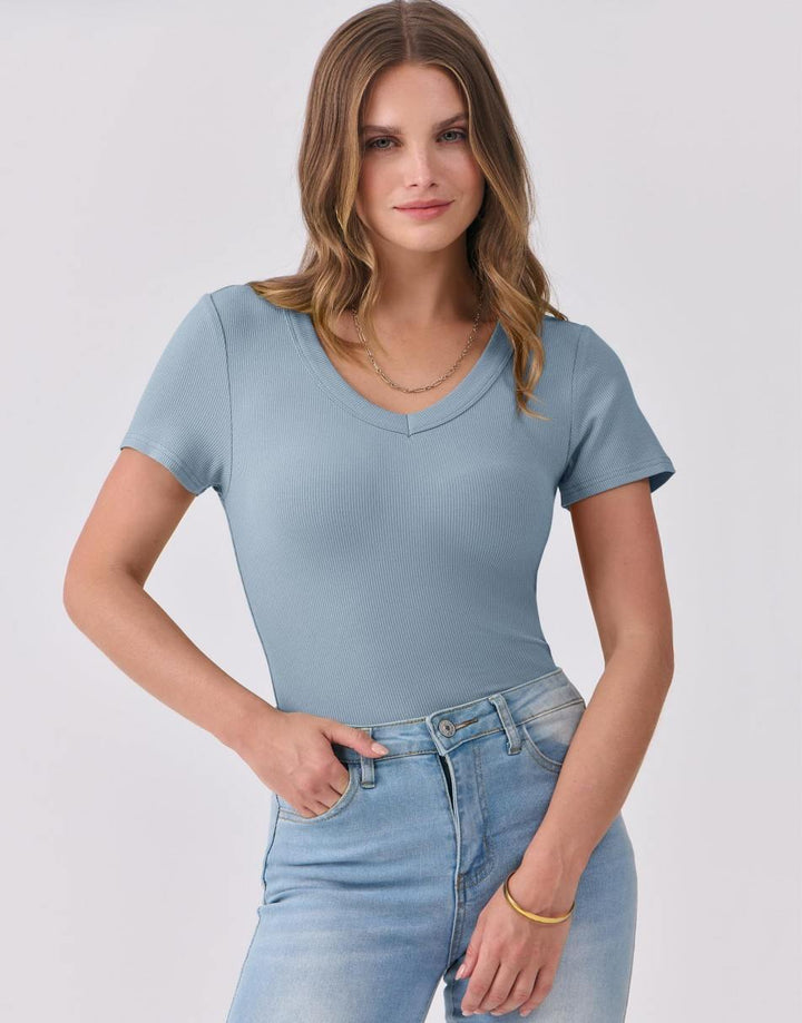 ANRABESS Women Short Sleeve V Neck Ribbed Knit Fitted Shirts Basic Tees Tops 2025 Summer Casual T-Shirts Going Out Outfits