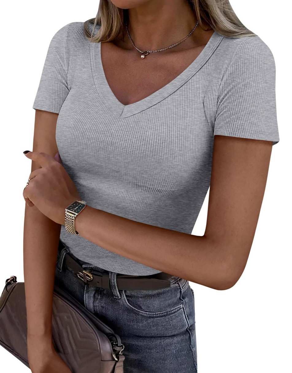 ANRABESS Women Short Sleeve V Neck Ribbed Knit Fitted Shirts Basic Tees Tops 2025 Summer Casual T-Shirts Going Out Outfits