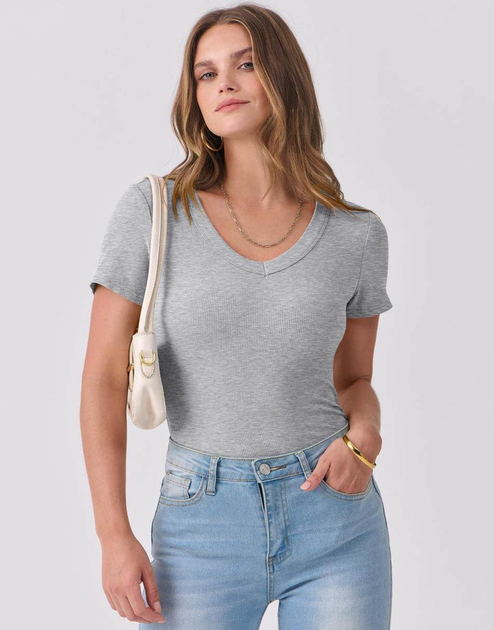 ANRABESS Women Short Sleeve V Neck Ribbed Knit Fitted Shirts Basic Tees Tops 2025 Summer Casual T-Shirts Going Out Outfits
