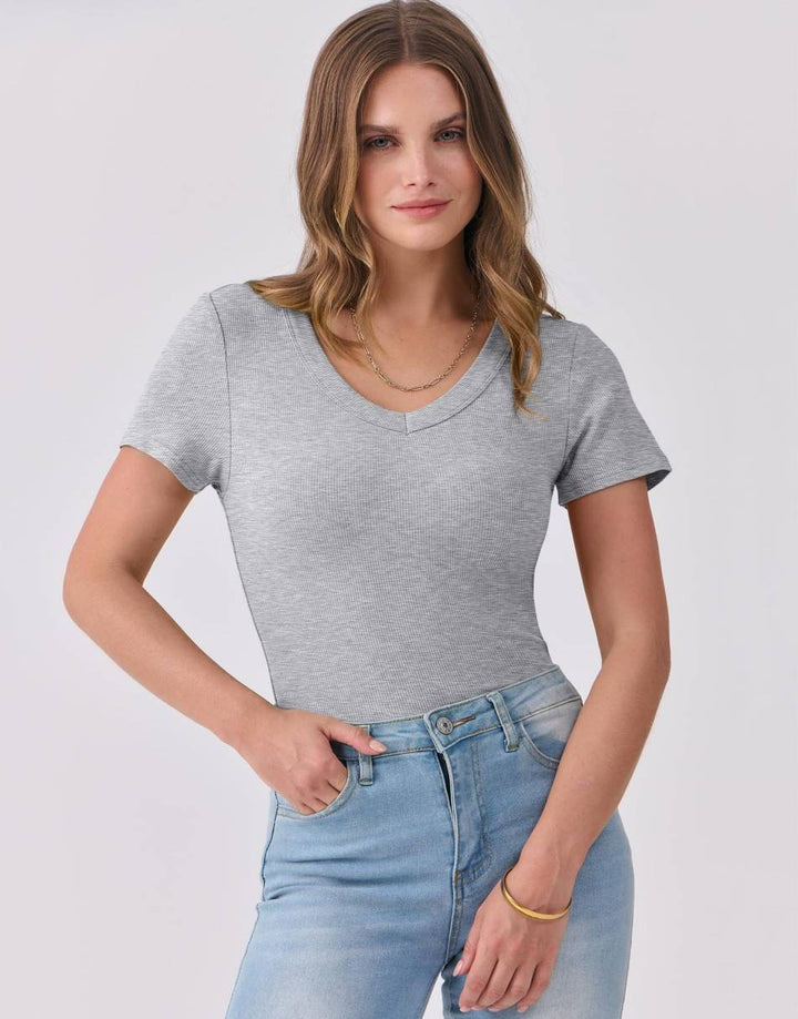 ANRABESS Women Short Sleeve V Neck Ribbed Knit Fitted Shirts Basic Tees Tops 2025 Summer Casual T-Shirts Going Out Outfits