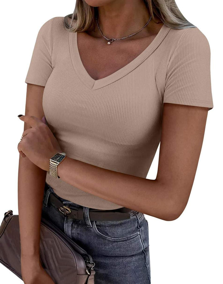 ANRABESS Women Short Sleeve V Neck Ribbed Knit Fitted Shirts Basic Tees Tops 2025 Summer Casual T-Shirts Going Out Outfits