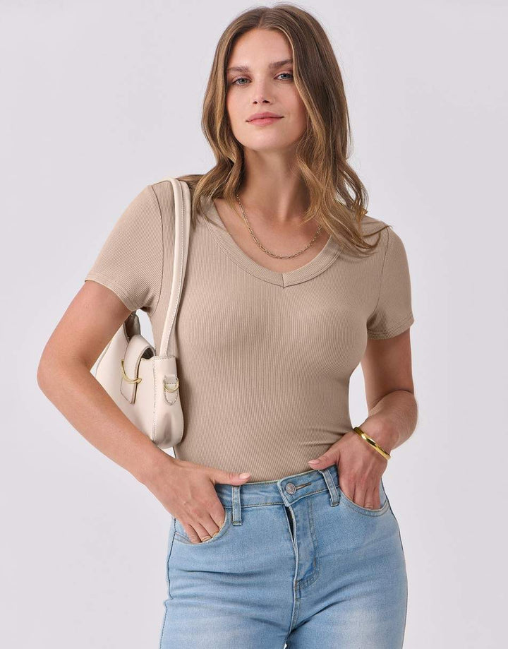 ANRABESS Women Short Sleeve V Neck Ribbed Knit Fitted Shirts Basic Tees Tops 2025 Summer Casual T-Shirts Going Out Outfits