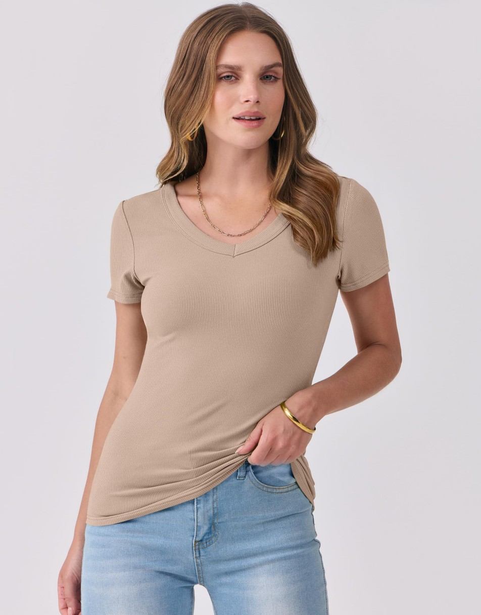 ANRABESS Women Short Sleeve V Neck Ribbed Knit Fitted Shirts Basic Tees Tops 2025 Summer Casual T-Shirts Going Out Outfits