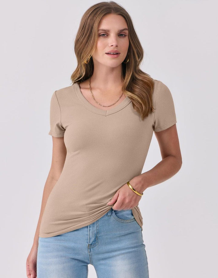 ANRABESS Women Short Sleeve V Neck Ribbed Knit Fitted Shirts Basic Tees Tops 2025 Summer Casual T-Shirts Going Out Outfits