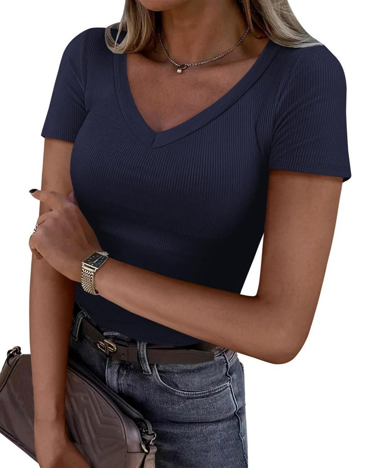 ANRABESS Women Short Sleeve V Neck Ribbed Knit Fitted Shirts Basic Tees Tops 2025 Summer Casual T-Shirts Going Out Outfits