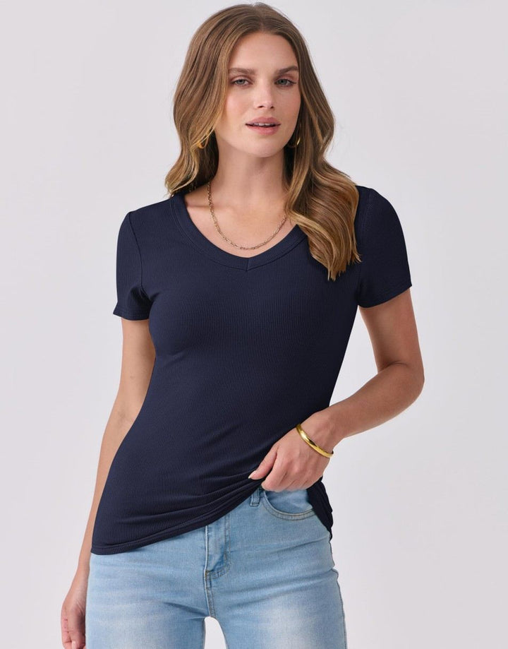 ANRABESS Women Short Sleeve V Neck Ribbed Knit Fitted Shirts Basic Tees Tops 2025 Summer Casual T-Shirts Going Out Outfits