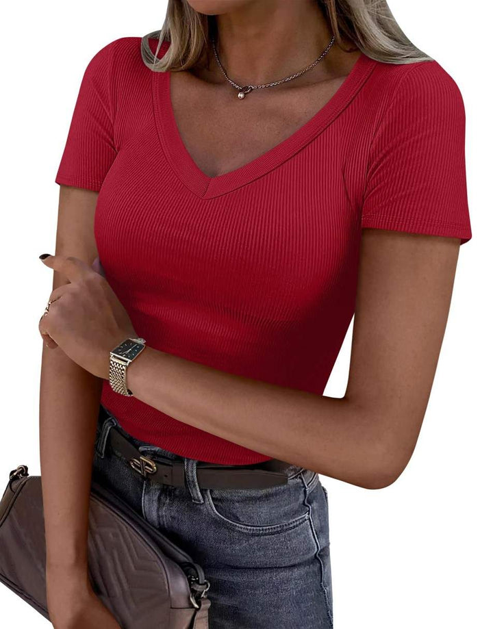 ANRABESS Women Short Sleeve V Neck Ribbed Knit Fitted Shirts Basic Tees Tops 2025 Summer Casual T-Shirts Going Out Outfits